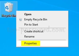 2 modi per rimuovere Proprietà dal menu contestuale del Cestino in Windows 10