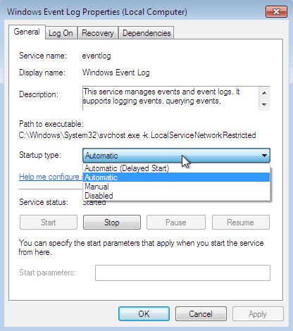 Come avviare/arrestare il registro eventi di Windows