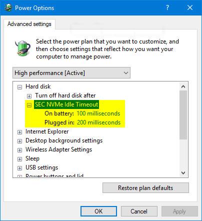 Comment ajouter ou supprimer le délai d'inactivité SEC NVMe des options d'alimentation dans Windows 10