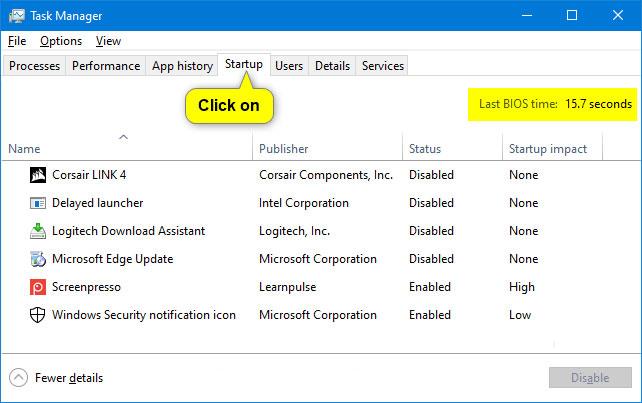 如何在 Windows 10 中查看上次 BIOS 時間索引