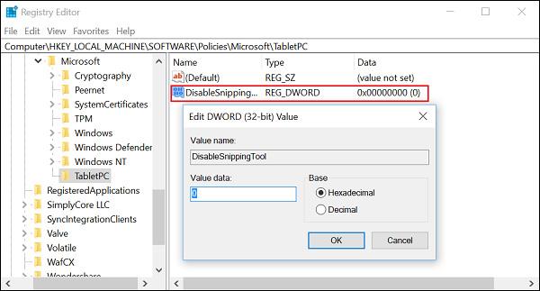 Instructions pour activer ou désactiver l'outil de capture dans Windows 10