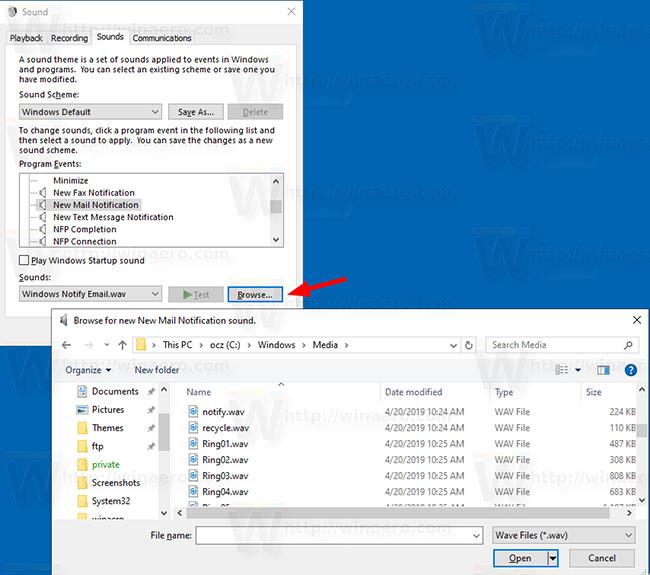 Modifica il nuovo suono di notifica della posta in Windows 10