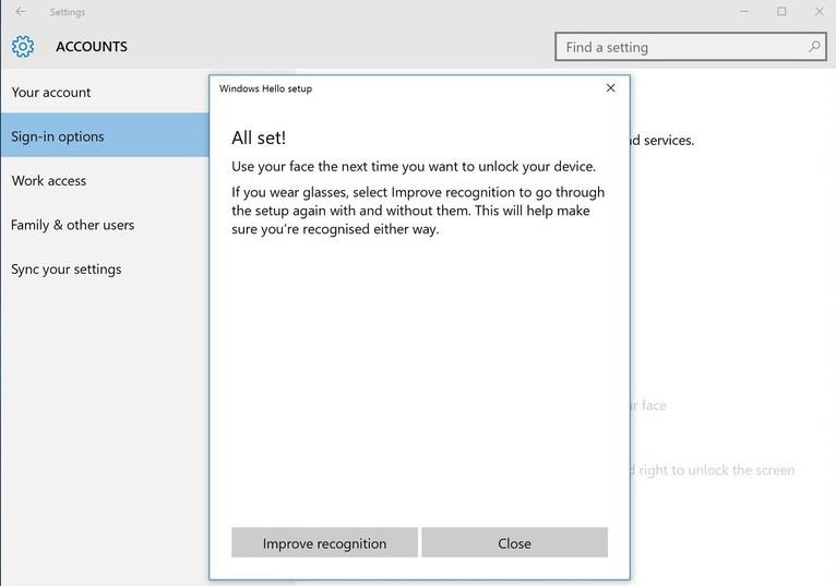 Instructions pour configurer la reconnaissance faciale Windows Hello sur Windows 10