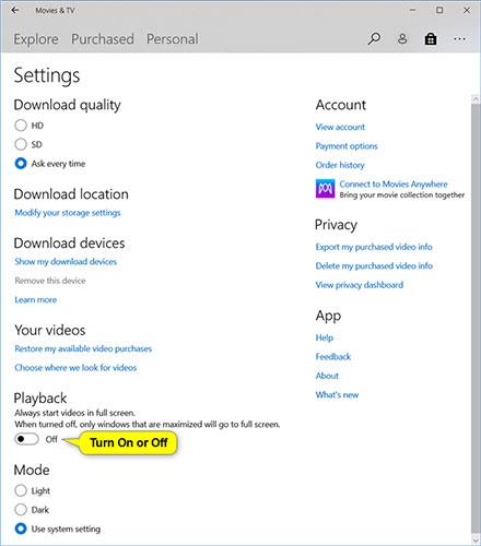 Come abilitare/disabilitare la riproduzione a schermo intero nell'app Film e TV su Windows 10