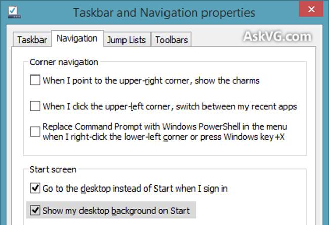 Imposta l'immagine di sfondo del desktop come immagine di sfondo della schermata iniziale su Windows 8.1