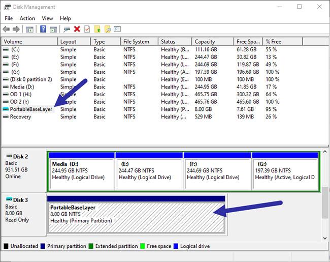 Qu'est-ce que la partition PortableBaseLayer dans la gestion des disques Windows 10 ?