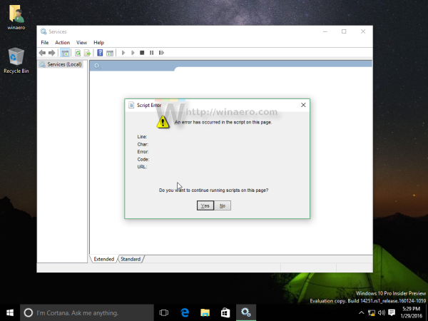 Corriger l'erreur Une erreur s'est produite dans le script sur cette page sous Windows 10 build 14251