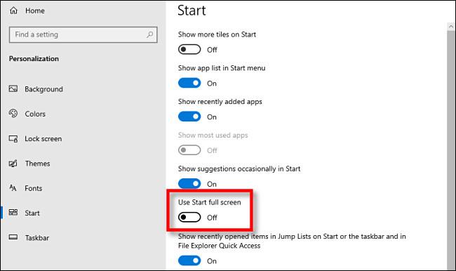 Windows 10で全画面スタートメニューを有効/無効にする方法