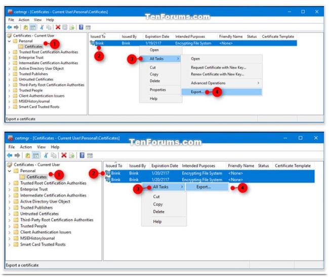 Comment sauvegarder les certificats et les clés de chiffrement de fichiers EFS dans Windows 10