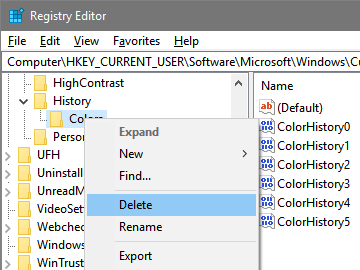 Как удалить недавнюю историю цветов в Windows 10