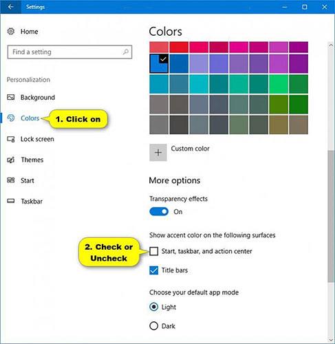 Activer/désactiver l'affichage couleur pour Démarrer, la barre des tâches et le Centre d'action sous Windows 10