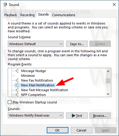 Modifica il nuovo suono di notifica della posta in Windows 10