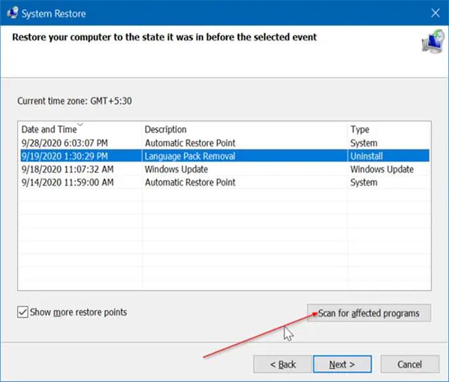 システムを復元するときに影響を受けるプログラムとドライバーを確認する方法