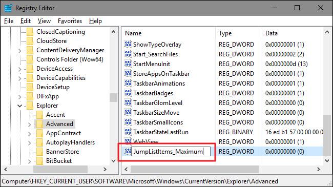 Trucco per aumentare il numero di elementi visualizzati nella Jump List su Windows 10