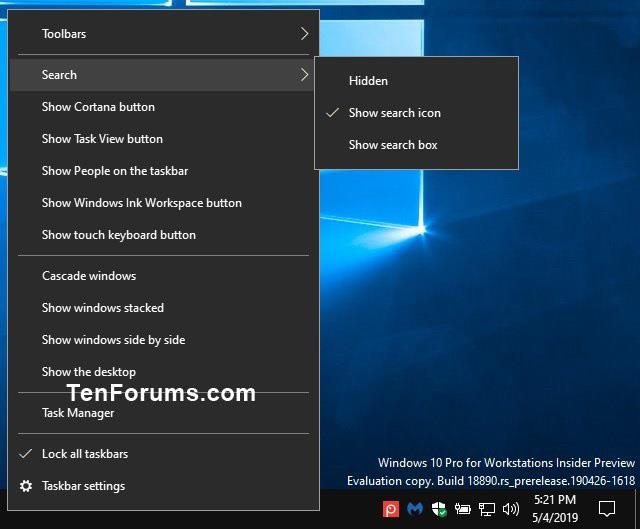 Come nascondere/mostrare la casella/icona di ricerca sulla barra delle applicazioni in Windows 10