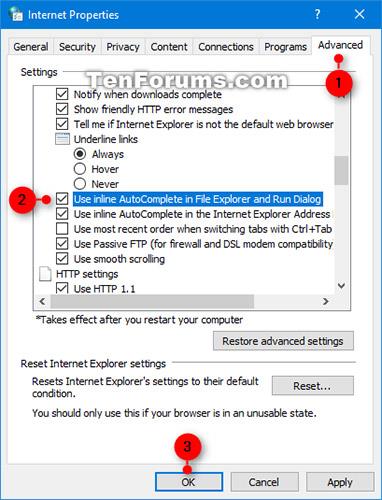 Abilita/disabilita la funzionalità di completamento automatico in linea in Esplora file e nella finestra di dialogo Esegui su Windows 10