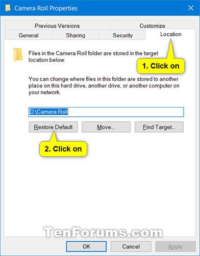Windows 10에서 카메라 롤 폴더의 기본 위치를 변경하거나 복원하는 방법