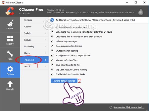 Instructions pour restaurer les paramètres d'usine pour CCleaner