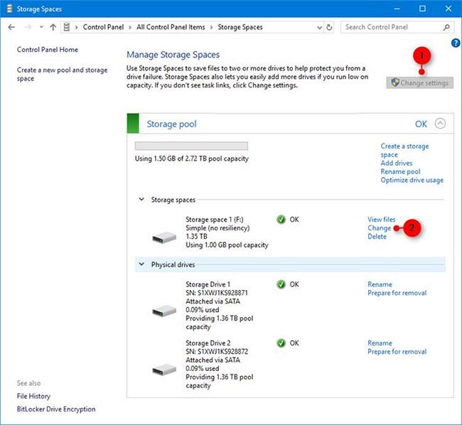 Modifier l'espace de stockage dans le pool de stockage sous Windows 10