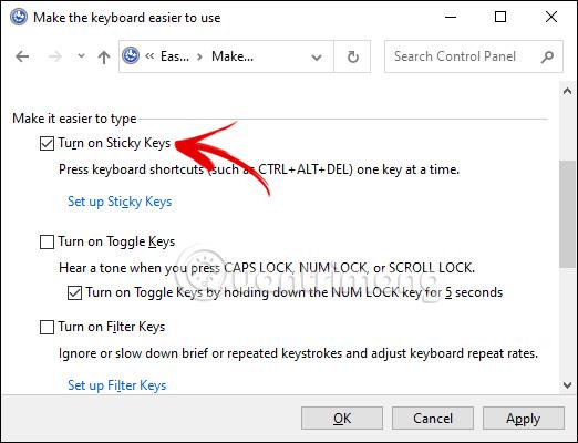 Instructions pour activer/désactiver Sticky Keys sous Windows