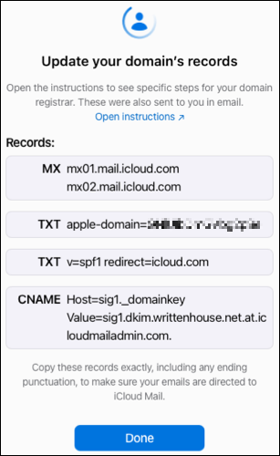 Anweisungen zum Einrichten einer benutzerdefinierten E-Mail-Domäne in iCloud