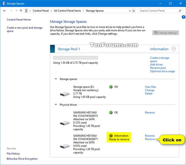 Comment supprimer un lecteur du pool de stockage dans les espaces de stockage sous Windows 10