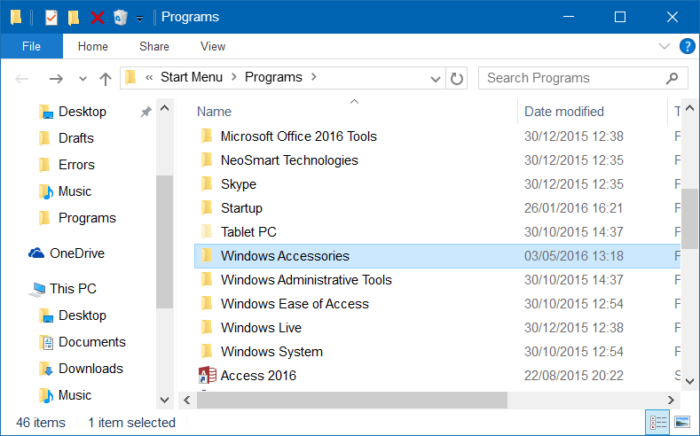 Correzione dell'errore relativo agli accessori mancanti nel menu Start di Windows 10