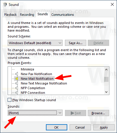 Modifica il nuovo suono di notifica della posta in Windows 10