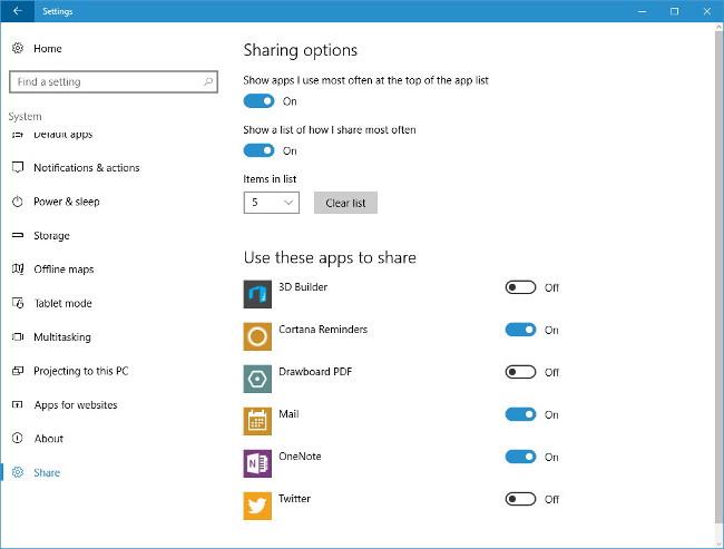 Windows 10 설정 애플리케이션에서 숨겨진 설정 페이지(공유 페이지)를 열려면 활성화하세요.