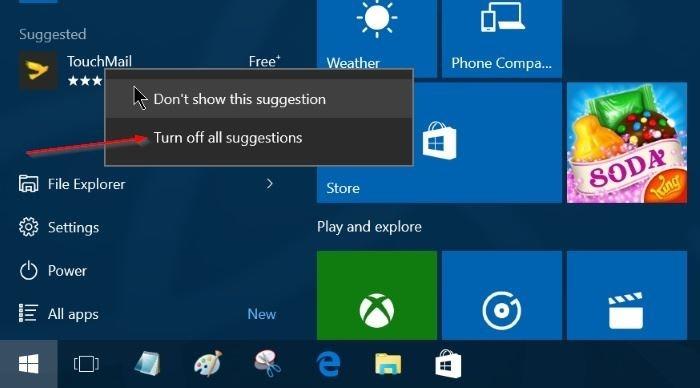 Come disattivare i suggerimenti per il download delle applicazioni nel menu Start di Windows 10?