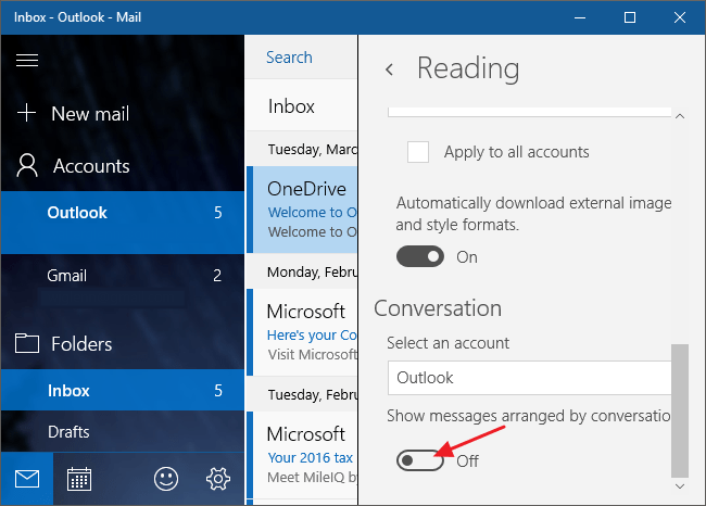 Désactiver l'affichage des conversations sur l'application Windows 10 Mail