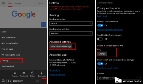 Modifica il motore di ricerca predefinito del browser Edge per Windows 10 Mobile