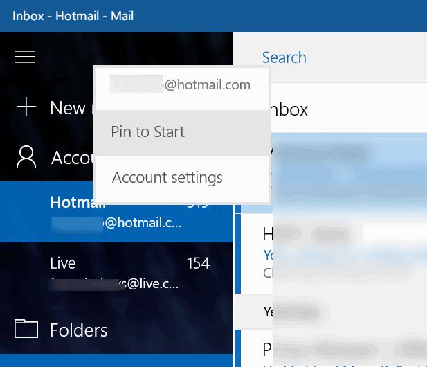 Aggiungi gli account e-mail al menu Start su Windows 10