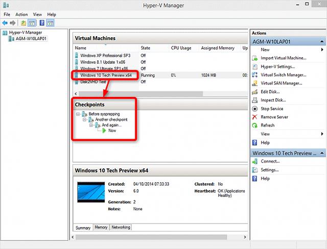 Windows 10에서 Hyper-V 검사점을 만들고 사용하는 방법