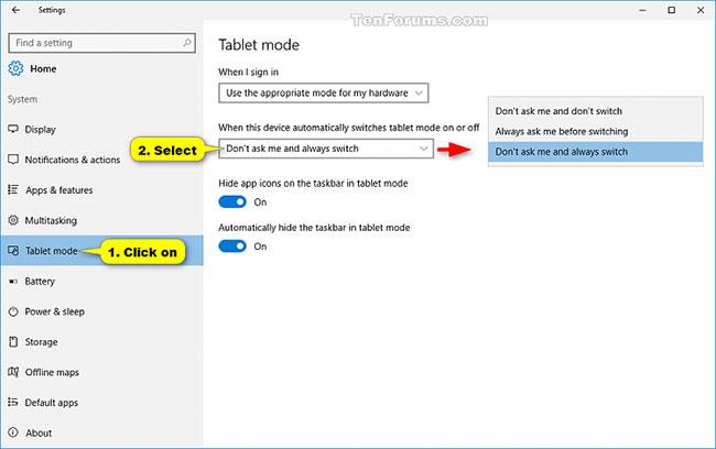 Windows 10でタブレットモードに自動的に切り替える前に尋ねるオプションを有効/無効にする方法