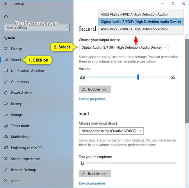 Cambia il dispositivo audio predefinito in Windows 10