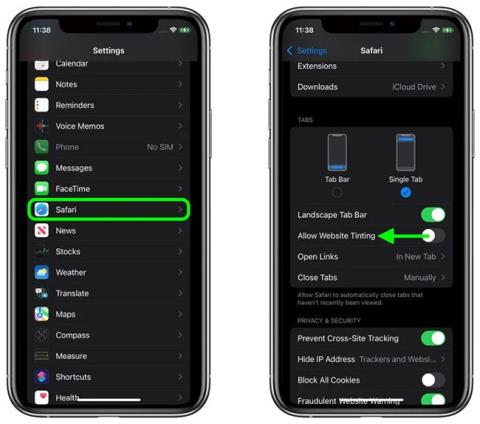 Désactiver la fonctionnalité de teinture de site Web dans Safari sur iOS 15