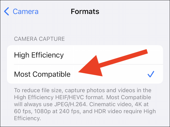 HEIF、HEIC、HEVC の代わりに JPG および MP4 ファイル形式を使用するように iPhone を設定する方法