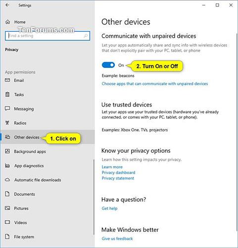 Comment activer/désactiver l'option permettant aux applications de communiquer avec des appareils non couplés dans Windows 10