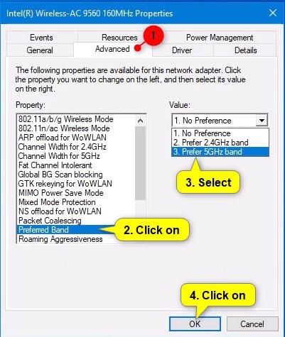 So ändern Sie das bevorzugte Frequenzband für den drahtlosen Netzwerkadapter in Windows