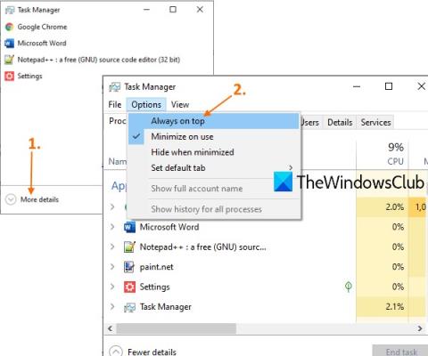 Come impostare Task Manager in modo che rimanga sempre sopra le altre applicazioni su Windows 10