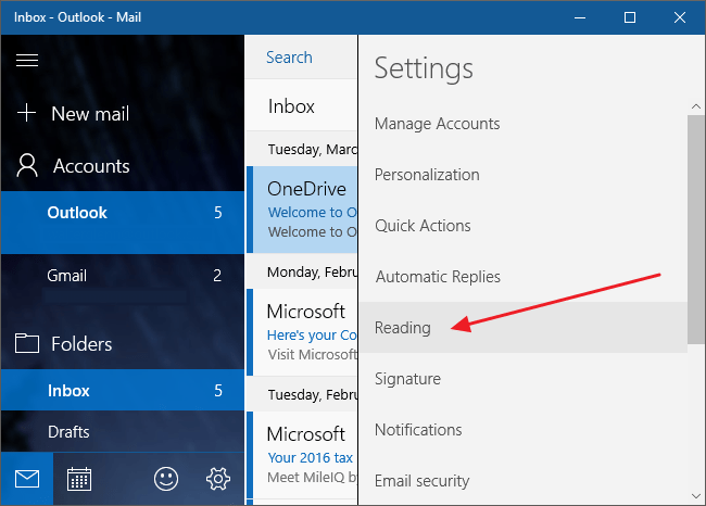 Désactiver l'affichage des conversations sur l'application Windows 10 Mail