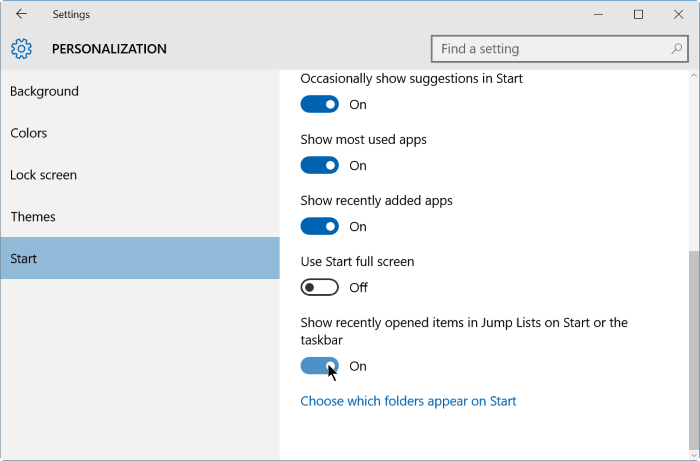 Passaggi per eliminare la cronologia delle Jump List su Windows 10