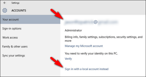 Istruzioni per convertire un account Microsoft in un account locale su Windows 10/8.1