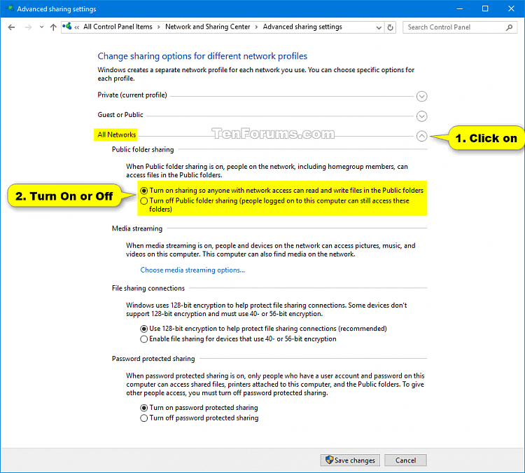 Windows 10에서 공용 폴더 공유를 켜고 끄는 방법