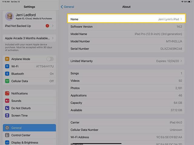 Instructions pour changer le nom de l'iPad