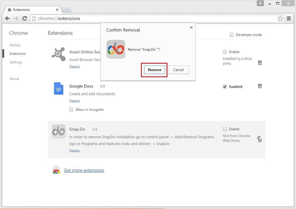 在 Chrome、Firefox 和 Internet Explorer 瀏覽器上刪除 Snap.do 的說明