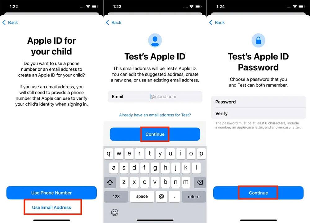 Instructions pour créer un compte Apple ID pour les enfants